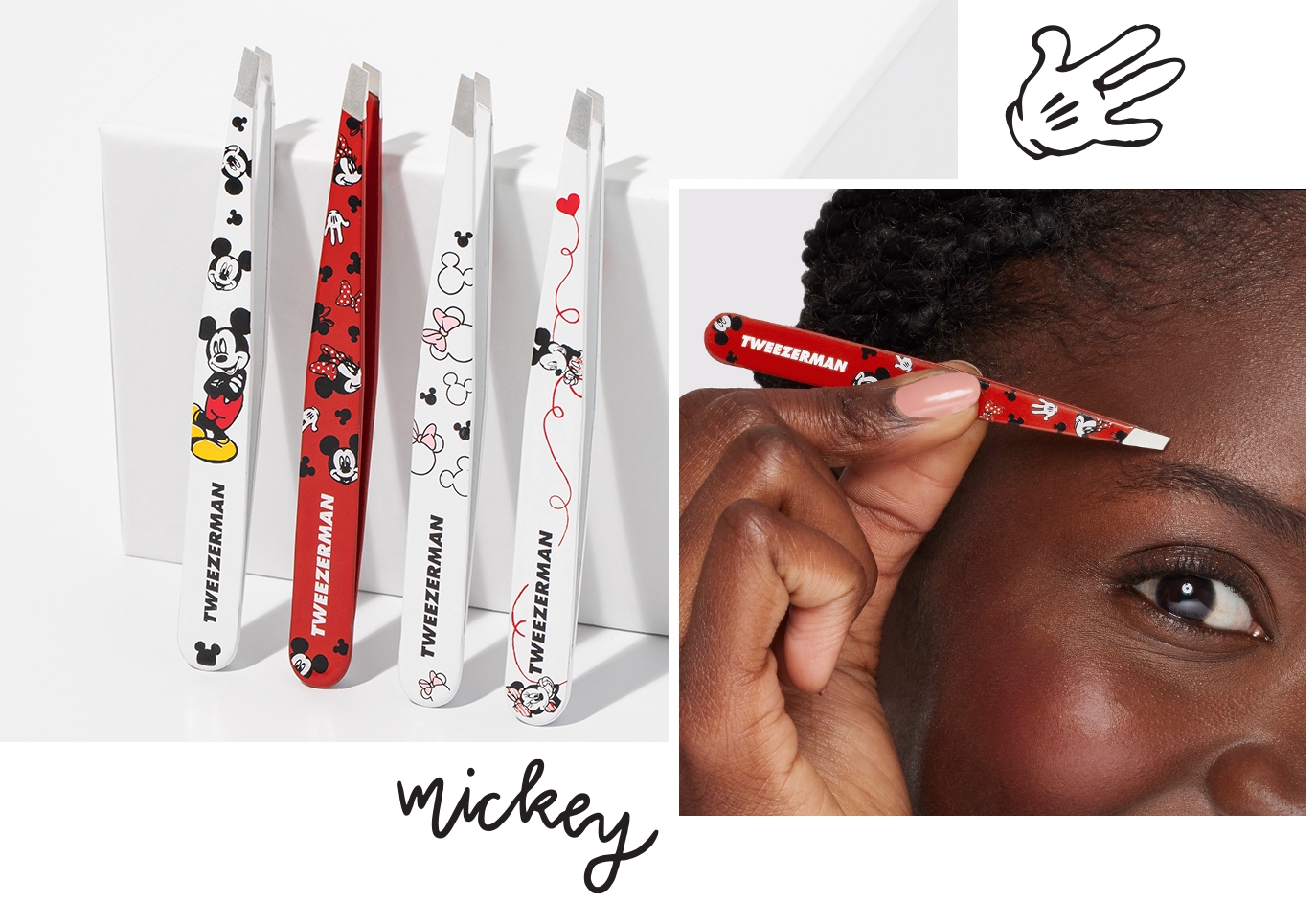 Photo collage of Tweezerman and Disney collabaration showing products on white blocks as well as a model using the product, with Disney drawings around the pictures